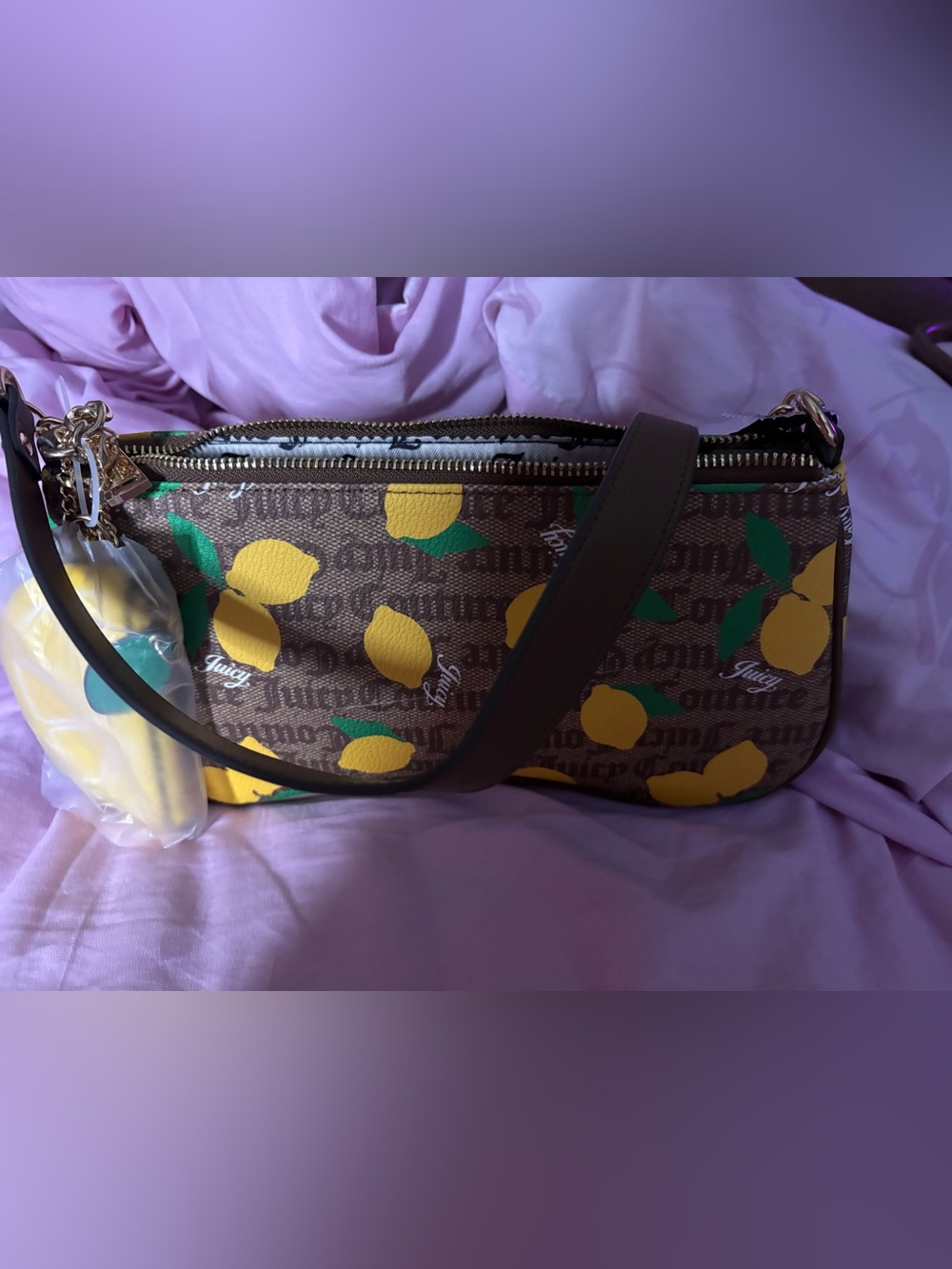 Juicy Couture Brown Lemon Print Crossbody Bag with Yellow and Green Accents